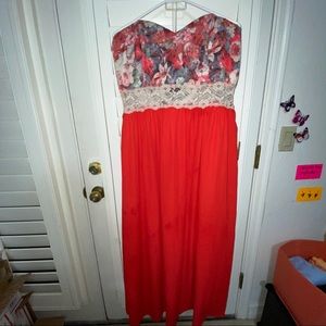 Red Floral, Strapless Maxi Dress!